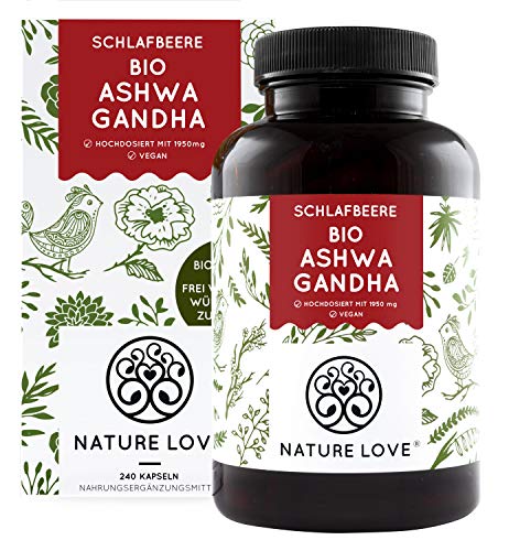 NATURE LOVE® Bio Ashwagandha - Hochdosiert mit 1950mg je Tagesdosis - 240 Kapseln - Hochwertige original indische Schlafbeere - Laborgeprüft, in Deutschland produziert  
